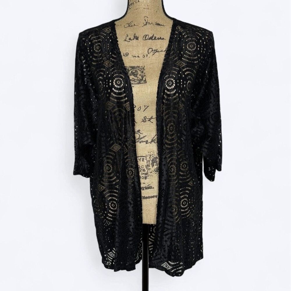 Black Lace‎ Kimono Cardigan LuLaRoe Sz M Open Front Sheer Cover Up Boho Festival